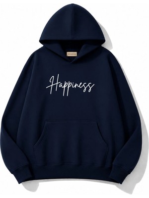 herkesemoda Happines Baskılı Kapüşonlu 2 Iplik Şardonlu Sweatshirt