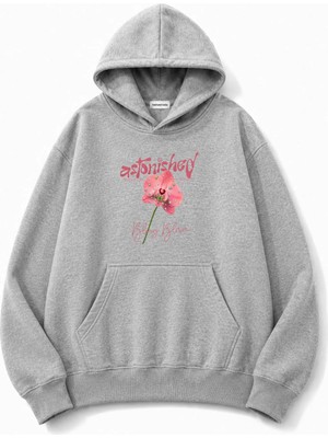 herkesemoda Pembe Çiçek Baskılı Kapüşonlu 2 Iplik Şardonlu Sweatshirt
