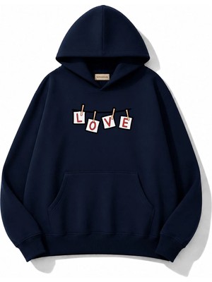 herkesemoda Love Baskılı Kapüşonlu 2 Iplik Şardonlu Sweatshirt