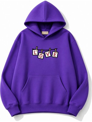 herkesemoda Love Baskılı Kapüşonlu 2 Iplik Şardonlu Sweatshirt