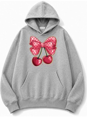 herkesemoda Kurdele Kiraz Baskılı Kapüşonlu 2 Iplik Şardonlu Sweatshirt