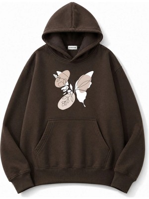 herkesemoda Kelebek Baskılı Kapüşonlu 2 Iplik Şardonlu Sweatshirt