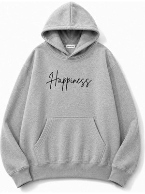 herkesemoda Happines Baskılı Kapüşonlu 2 Iplik Şardonlu Sweatshirt