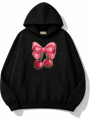 herkesemoda Kurdele Kiraz Baskılı Kapüşonlu 2 Iplik Şardonlu Sweatshirt