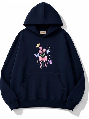 herkesemoda Lale Çiçek Baskılı Kapüşonlu 2 Iplik Şardonlu Sweatshirt