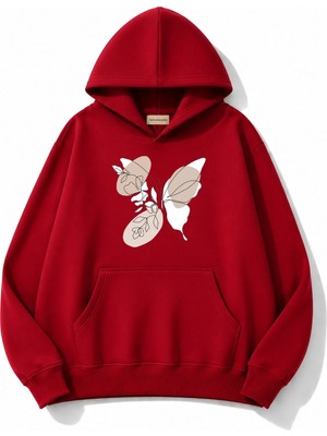 herkesemoda Kelebek Baskılı Kapüşonlu 2 Iplik Şardonlu Sweatshirt