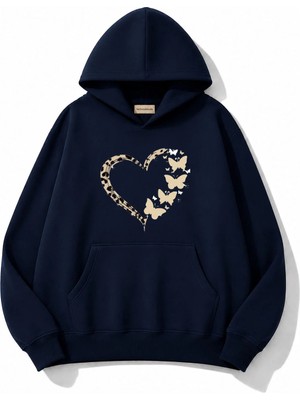 herkesemoda Leopar Efektli Kalp Baskılı Kapüşonlu 2 Iplik Şardonlu Sweatshirt