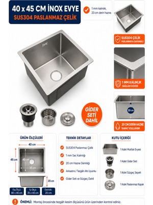 Compact Ankastre Inox Mutfak Evyesi 40X45 cm SUS304 Paslanmaz Çelik 1 mm Kalınlık Tezgah Altı Kullanım İçin Şık Tasarım