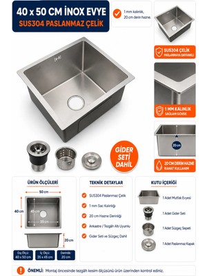 Compact 40X50 cm Inox Mutfak Evyesi – SUS304 Paslanmaz Çelik | 1 mm Kalınlık | 20 cm Derin Hazne