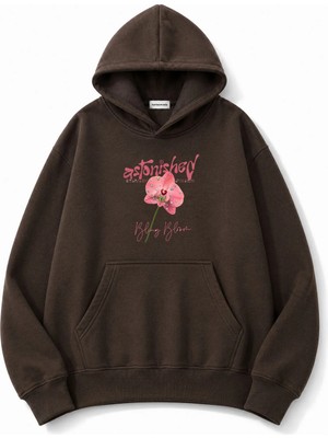 herkesemoda Pembe Çiçek Baskılı Kapüşonlu 2 Iplik Şardonlu Sweatshirt