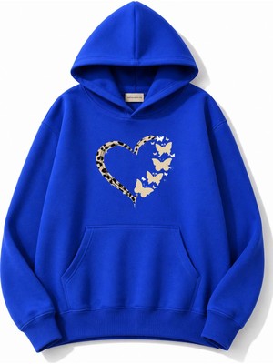 herkesemoda Leopar Efektli Kalp Baskılı Kapüşonlu 2 Iplik Şardonlu Sweatshirt