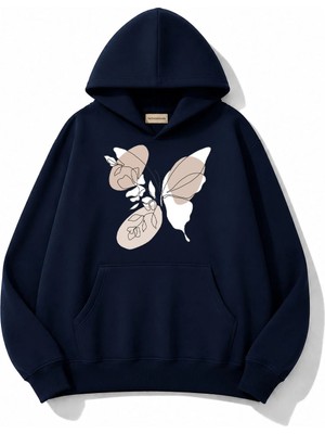 herkesemoda Kelebek Baskılı Kapüşonlu 2 Iplik Şardonlu Sweatshirt