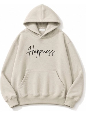 herkesemoda Happines Baskılı Kapüşonlu 2 Iplik Şardonlu Sweatshirt
