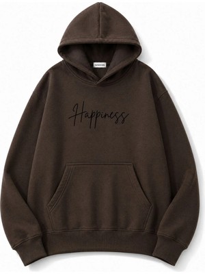 herkesemoda Happines Baskılı Kapüşonlu 2 Iplik Şardonlu Sweatshirt