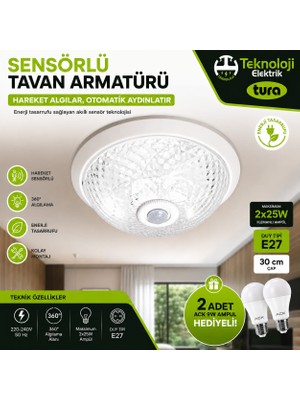 Teknoloji Elektrik Sensörlü Tavan Armatürü 360° Hareket Algılayıcı E27 Duy 30 cm – Otomatik Yanan Enerji Tasarruflu Tavan Lambası (2X25W Uyumlu) - 2 Adet Ampul Hediyeli