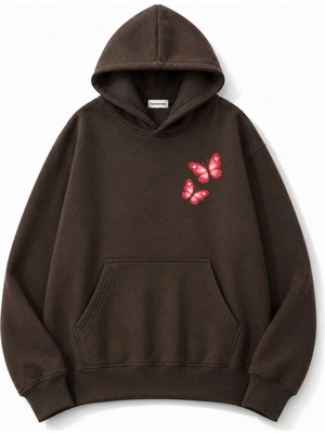 herkesemoda Kelebek Baskılı Kapüşonlu 2 Iplik Şardonlu Sweatshirt