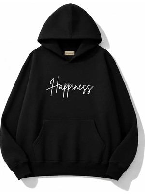 herkesemoda Happines Baskılı Kapüşonlu 2 Iplik Şardonlu Sweatshirt