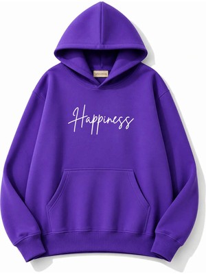 herkesemoda Happines Baskılı Kapüşonlu 2 Iplik Şardonlu Sweatshirt