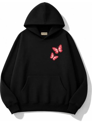 herkesemoda Kelebek Baskılı Kapüşonlu 2 Iplik Şardonlu Sweatshirt