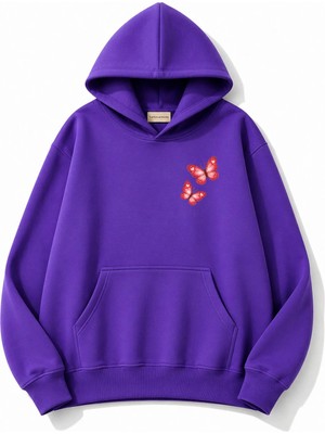 herkesemoda Kelebek Baskılı Kapüşonlu 2 Iplik Şardonlu Sweatshirt