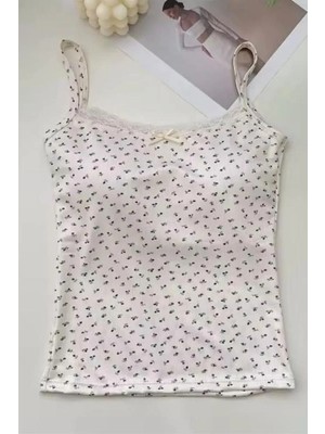 Balina Ekru Minik Fiyonk ve Çiçek Desenli Askılı Crop