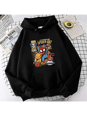Touz Moda Lagom Moda Spider-Cat Baskılı Siyah Unisex Oversize Kapüşonlu Sweatshirt