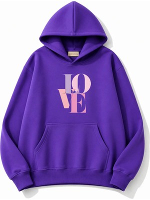 herkesemoda Love Baskılı Kapüşonlu 2 Iplik Şardonlu Sweatshirt