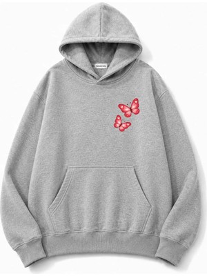 herkesemoda Kelebek Baskılı Kapüşonlu 2 Iplik Şardonlu Sweatshirt