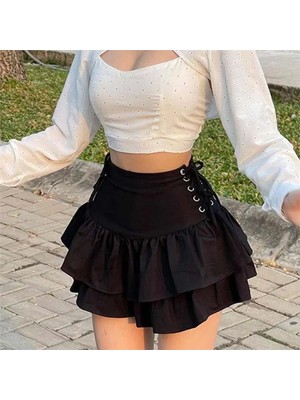 Balina Çift Taraflı Kuşgözlü Bağcıklı Siyah Gotik Etek