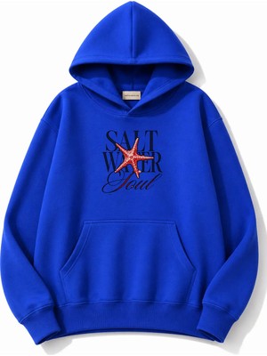 herkesemoda Salt Water Baskılı Kapüşonlu 2 Iplik Şardonlu Sweatshirt