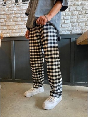 Balina Siyah Beyaz Kare Ekose Desenli Unisex Bol Paça Pijama Eşofman