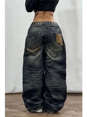 Balina Lacivert Vintage Eskitme Baskılı Streetwear Unisex Baggy Pantolon