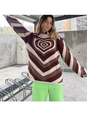 Balina Harajuku Kahverengi Kalp Desenli Kazak