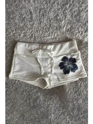 Balina Beyaz Lacivert Hibiskus Çiçeği Ipli Y2K Mini Şort