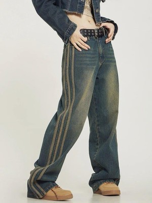 Balina Lacivert Vintage Çizgi Detay Eskitme Baggy Pantolon