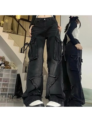 Balina Siyah Yıldız Yamalı Vintage Kargo Cepli Baggy Kot Pantolon