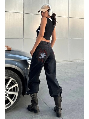 Balina Siyah Double Fire Skull Kırmızı Dikişli Harajuku Baggy Pantolon
