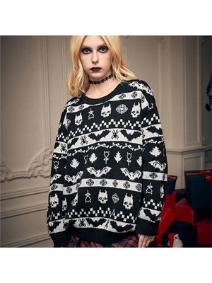 Balina Etnik Siyah Gothic Desenli Oversize Kazak