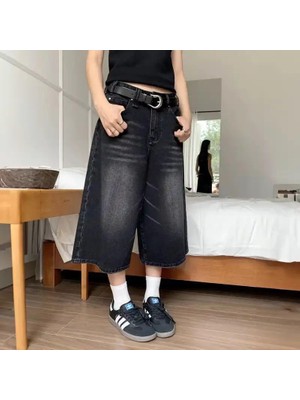 Balina Siyah Yıkamalı Kumaş Y2K Unisex Baggy Oversize Kalıp Kot Pantolon Şort