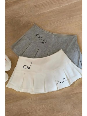 Balina Gri Pileli Fish And Cat Baskılı Micro Şort Etek