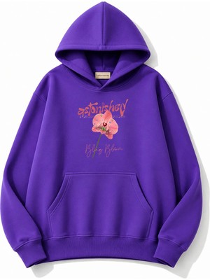 herkesemoda Pembe Çiçek Baskılı Kapüşonlu 2 Iplik Şardonlu Sweatshirt