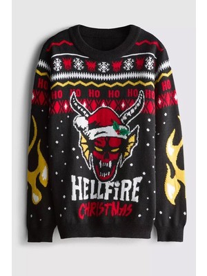 Balina Siyah Stranger Things Hellfire Club Christmas Ho! Ho! Ho! Oversize Unsiex Kazak