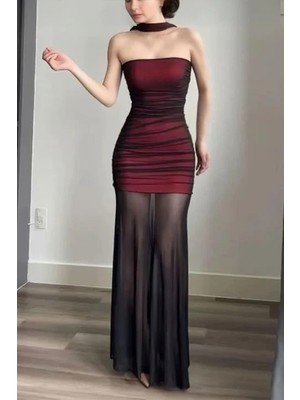 Balina Bordo Gotik Transparan Tül Uzun Elbise