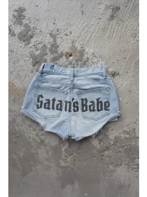 Balina Mavi Satan's Babe Taşlı Y2K Mini Şort
