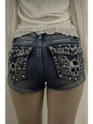 Balina Mavi Yıkamalı Taşlı Skull Wings Grunge Y2K Kot Mini Şort