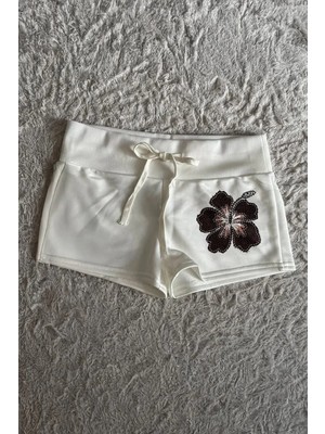 Balina Beyaz Siyah Hibiskus Çiçeği Ipli Y2K Mini Şort