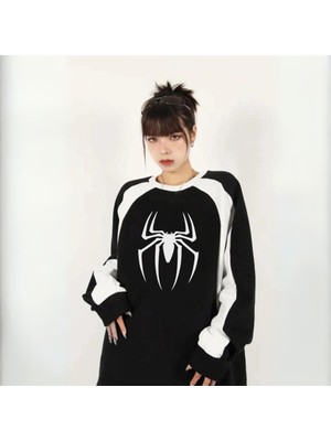 Touz Moda Lagom Moda Y2K Streetwear Spider Baskılı Siyah Unisex Oversize Bisiklet Yaka Sweatshirt