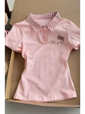 Balina Pembe Ekose Polo Yaka Hello Kitty Y2K Kısa Kollu Crop