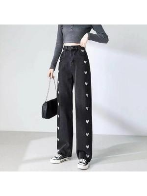 Balina Siyah Kalp Nakışlı Premium Baggy Pantolon