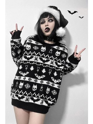 Balina Etnik Siyah Gothic Desenli Oversize Kazak